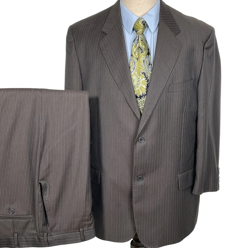 Bachrach Suit Men 46R 38W26L Brown Pinstripe Italy